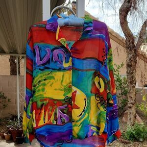 Red and Blue Button Down Sheer Blouse Kae Mei Womens Medium